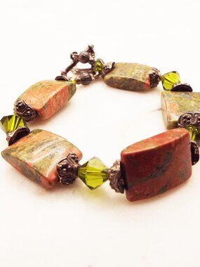 ORANGE & GREEN UNAKITE JASPER "ELLIPTICAL TABLETS" CHARTREUSE CRYSTAL BRACELET L
